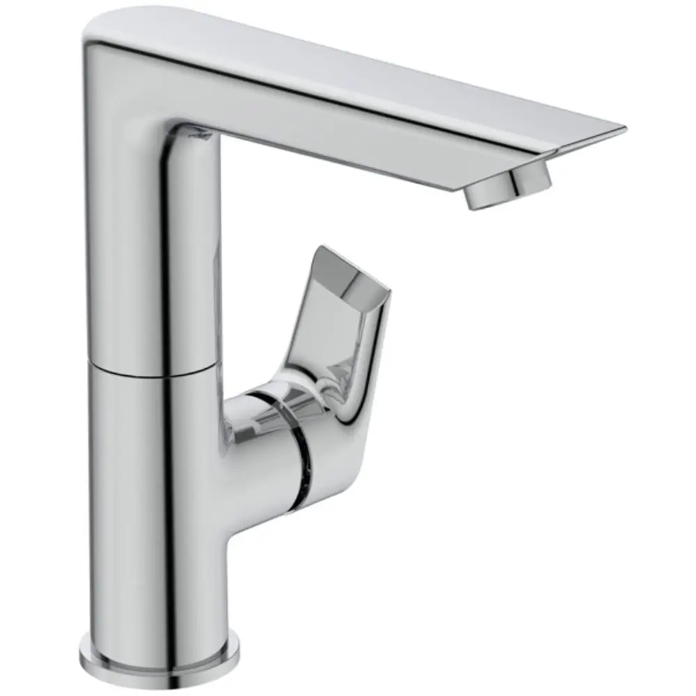 Chromfarbene Armatur von Ideal Standard mit hohem schwenkbarem Auslauf. Der Hebel zur Steuerung des Wasserflusses ist seitlich angebracht.